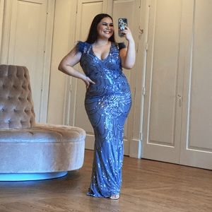 Fashion Nova Silver Sequins Evening Gown with Feather Sleeves